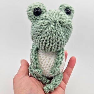 Può includere: Un giocattolo a forma di rana fatto a mano, lavorato a maglia, principalmente verde e bianco. La rana ha grandi occhi neri a bottone ed è realizzata con un punto strutturato. Il corpo è bianco, e le braccia e la testa sono verdi.