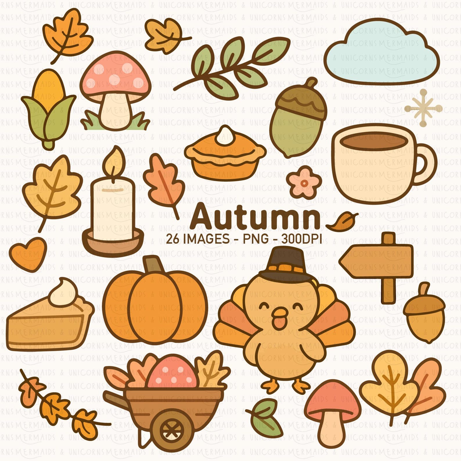 Autumn Clipart | Cute Fall PNG Set | Thanksgiving Pumpkin Leaves Pie ...
