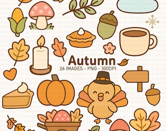 Autumn Clipart | Cute Fall PNG Set | Thanksgiving Pumpkin Leaves Pie Mug Candle | Autumn Elements | 300 DPI Transparent PNG