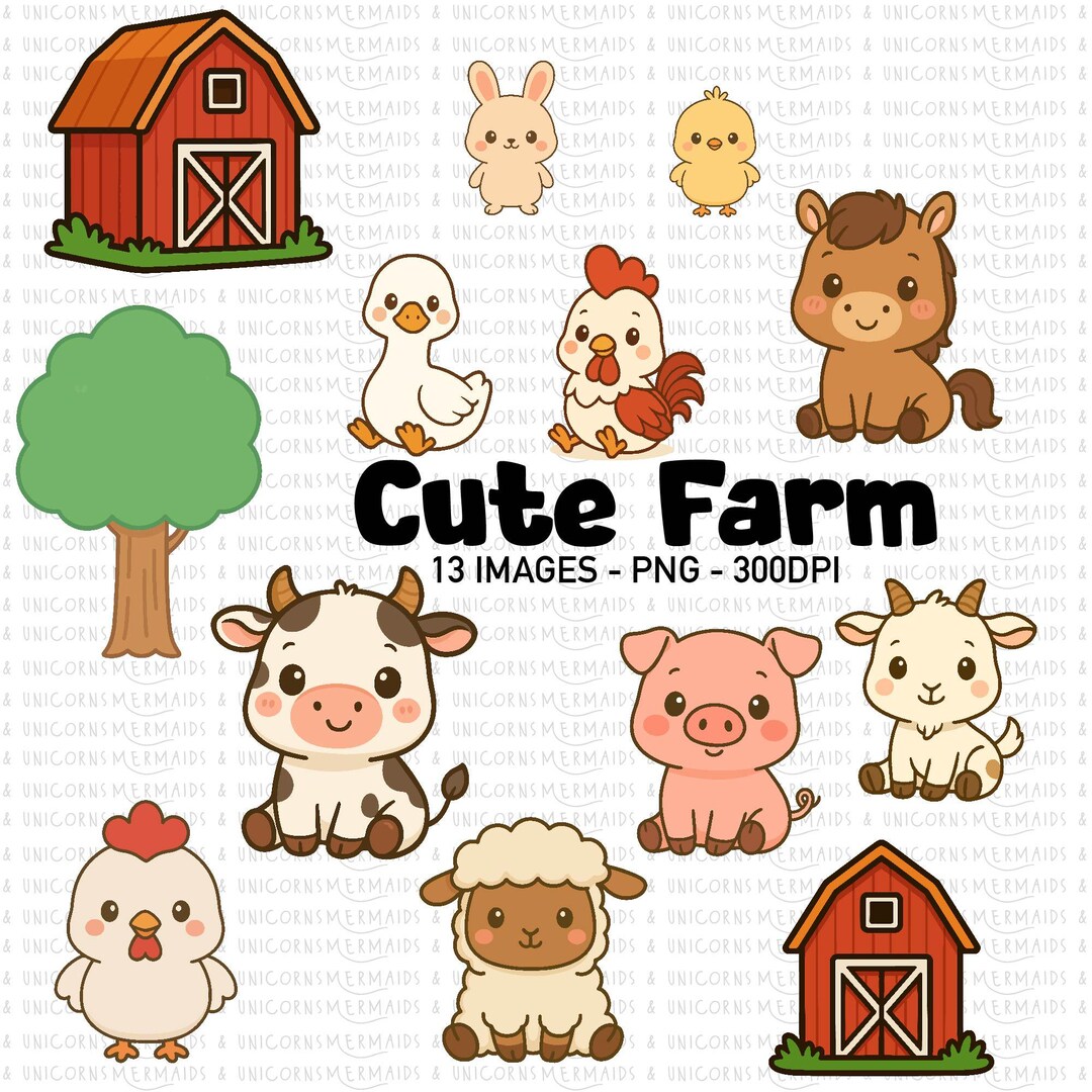 Cute Farm Clipart | Little Farm Animals | Cute Farm PNG Set | Little ...