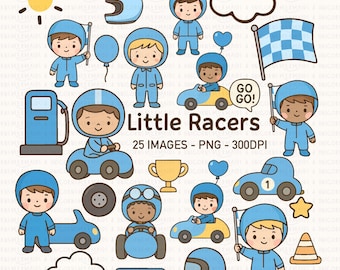 Little Racers Clipart Set | Cute Race Car Kids, Flags, Helmets & Trophies | Boys Racing Digital Download