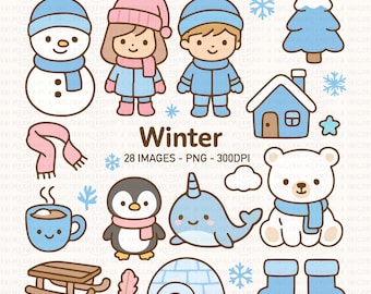 Kawaii Winter Clipart | Polar Bear, Penguin, Narwhal (Digital Download)