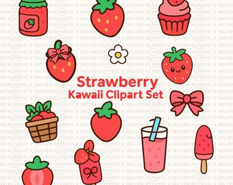 Strawberry Kawaii Clipart Set: Pastel PNG Graphics (Digital Download)