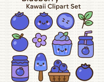 Blueberry Kawaii Clipart Set: Pastel PNG Images (Digital Download)