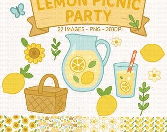 Lemon Picnic Clipart Set | Summer Digital Papers | Pastel Lemon Party Graphics