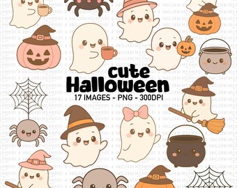 かわいいハロウィンクリップアート：パステルカラーのゴーストとカボチャ（PNGデジタルダウンロード）