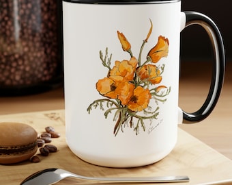 California Orange Poppy Poppies Coffee Mugs, 15oz ORIGINAL PAINTING