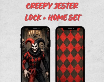 Può includere: Due smartphone che mostrano un tema di giullare spettrale. Uno mostra un giullare in abito rosso e nero, l'altro un motivo a rombi rossi e neri. Il testo "CREEPY JESTER LOCK + HOME SET" è sopra i telefoni.