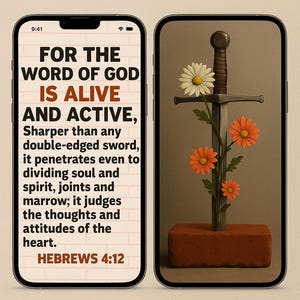 Könnte beinhalten: Digitales Kunstbild auf zwei Smartphones. Das linke Telefon zeigt Text aus Hebräer 4:12. Das rechte Telefon zeigt ein Schwert mit Blumen. Das Schwert ist in einen Ziegelstein gepflanzt, mit einer weißen Gänseblümchen und orangefarbenen Blumen.