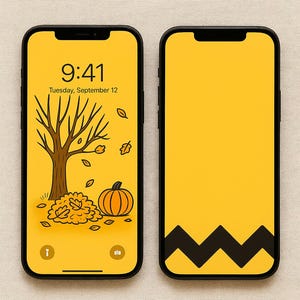 Puede incluir: Dos smartphones negros con pantallas amarillas. Uno muestra una escena otoñal con un árbol, una calabaza y hojas. El otro tiene un fondo amarillo con un patrón en zigzag negro en la parte inferior.