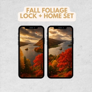 Puede incluir: Dos smartphones que muestran un paisaje otoñal pintoresco con un lago, montañas y un colorido follaje otoñal en tonos rojos, naranjas y amarillos. El texto "FALL FOLIAGE LOCK + HOME SET" está encima de los teléfonos.