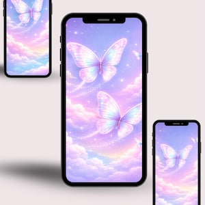 May include: Four smartphones displaying a dreamy butterfly wallpaper. The wallpaper features pastel colors, including pink, purple, and blue, with fluffy clouds and sparkling stars. The butterflies have iridescent wings.