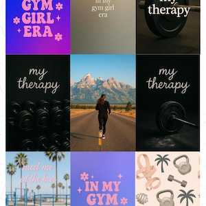 Puede incluir: Un collage de imágenes con temática de fitness. Incluye texto que dice "In my gym girl era", "my therapy" y "meet me at the bar". Las imágenes incluyen una persona corriendo, barras, mancuernas y un fondo estampado.