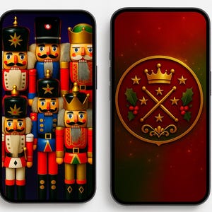 May include: Two smartphone screens. One displays a collection of colorful nutcracker figures with black hats and gold accents. The other shows a gold emblem with a crown, stars, and crossed drumsticks on a red background.