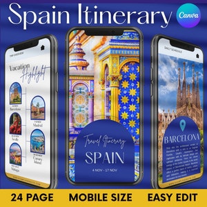 Travel Itinerary Template, Mobile Itinerary, Travel Schedule, Trip Itinerary, Traveling Guide, Trip Itinerary Canva, Spain Travels