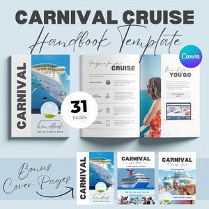 Può includere: Un modello digitale per un manuale di crociera Carnival con 31 pagine. Il modello presenta una nave da crociera blu e bianca, una donna in un abito rosso e un laptop con un sito web per Carnival Cruise Line. Il testo "Know Before You Go" è visibile sulla pagina. Il modello è progettato per essere utilizzato con Canva.