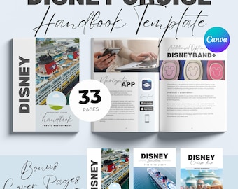 May include: A Disney Cruise Handbook Template with a white cover featuring a cruise ship image. The handbook includes 33 pages and bonus cover pages. The template is designed in Canva and includes information about the DisneyBand+.