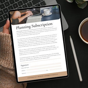 May include: A digital document titled "Planning Subscription" outlines a travel planning subscription service. The document includes a signature line, client information, and contact details for Emily Example Travel.