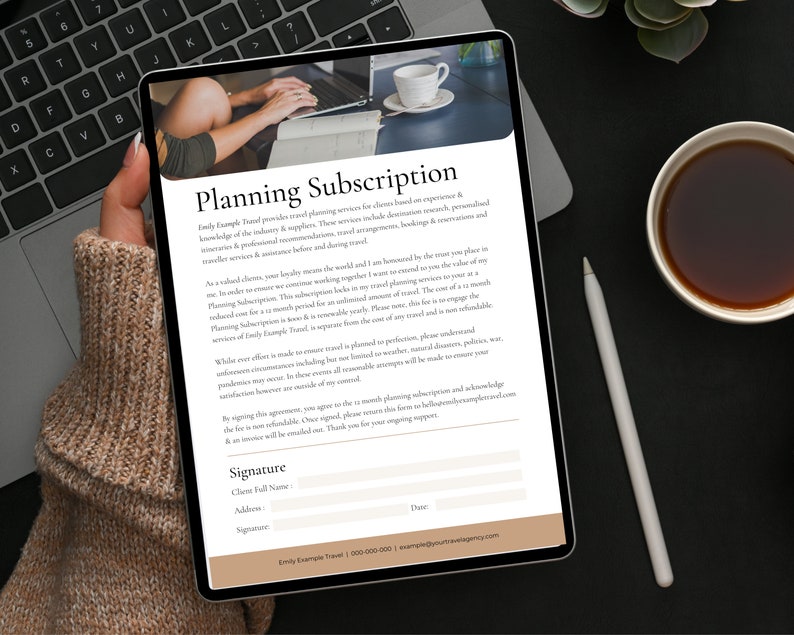 May include: A digital document titled "Planning Subscription" outlines a travel planning subscription service. The document includes a signature line, client information, and contact details for Emily Example Travel.