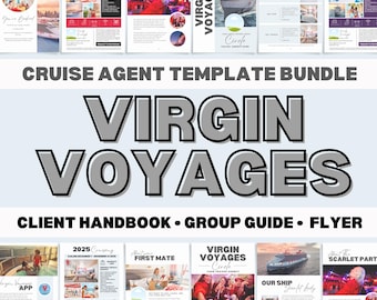 May include: A bundle of cruise agent templates featuring the "Virgin Voyages" logo. The templates include client handbooks, group guides, and flyers. The design incorporates images of cruise ships, vacation scenes, and event promotions.