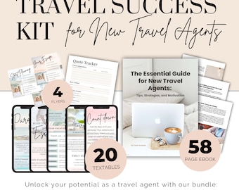 May include: A travel agent success kit with a pink and white color scheme. The kit includes 4 flyers, 20 textable cards, a quote tracker, and a 58-page ebook titled "The Essential Guide for New Travel Agents: Tips, Strategies, and Motivation".