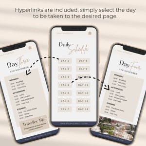 Peut inclure: L'&eacute;cran d'un t&eacute;l&eacute;phone mobile affichant un programme quotidien pour un voyage. Le programme comprend une liste d'activit&eacute;s pour chaque jour, telles que le petit-d&eacute;jeuner, le temps libre et le d&icirc;ner. L'&eacute;cran du t&eacute;l&eacute;phone est intitul&eacute; "Programme quotidien" et comprend le texte "Jour trois" et "Jour quatre".