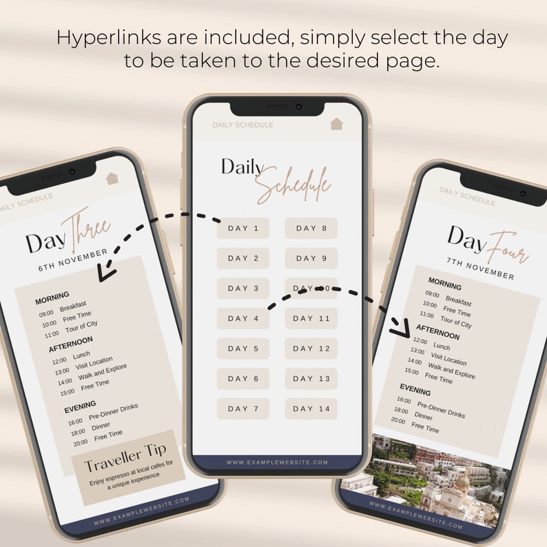 Peut inclure: L'&eacute;cran d'un t&eacute;l&eacute;phone mobile affichant un programme quotidien pour un voyage. Le programme comprend une liste d'activit&eacute;s pour chaque jour, telles que le petit-d&eacute;jeuner, le temps libre et le d&icirc;ner. L'&eacute;cran du t&eacute;l&eacute;phone est intitul&eacute; "Programme quotidien" et comprend le texte "Jour trois" et "Jour quatre".