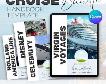May include: A digital cruise handbook template bundle with the text "CRUISE Handbook Template". The image includes a tablet displaying a cruise ship and several handbook covers for different cruise lines, including Holland America Line and Disney.