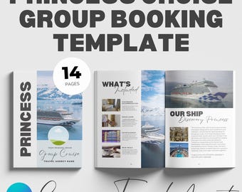 May include: A brochure template for Princess Cruise group bookings. The cover features a cruise ship in front of a mountain range. The brochure includes 14 pages and details about the cruise.