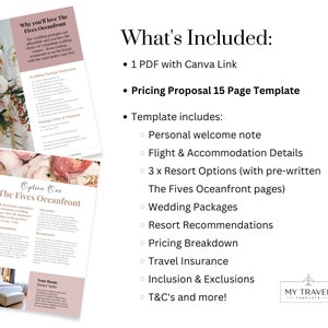 Op de afbeelding: Een document met de details van een huwelijkspakket in het The Fives Oceanfront resort. Het document bevat informatie over het resort, huwelijkspakketten, prijzen en reisverzekering. Het document bevat ook een persoonlijke welkomstbrief, vlucht- en accommodatiegegevens en resortoption.