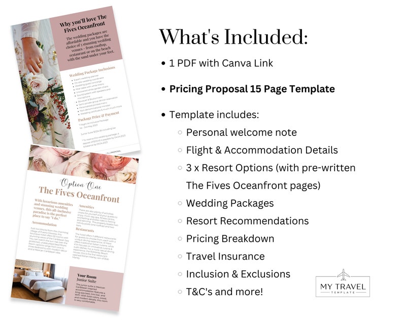 Op de afbeelding: Een document met de details van een huwelijkspakket in het The Fives Oceanfront resort. Het document bevat informatie over het resort, huwelijkspakketten, prijzen en reisverzekering. Het document bevat ook een persoonlijke welkomstbrief, vlucht- en accommodatiegegevens en resortoption.
