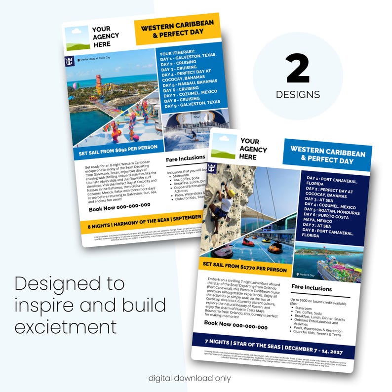 Sales flyers are editable in canva and come in 2 designs branded to royal caribbean. Designed to suit cruise travel agencies who sell and market RCCL cruise.