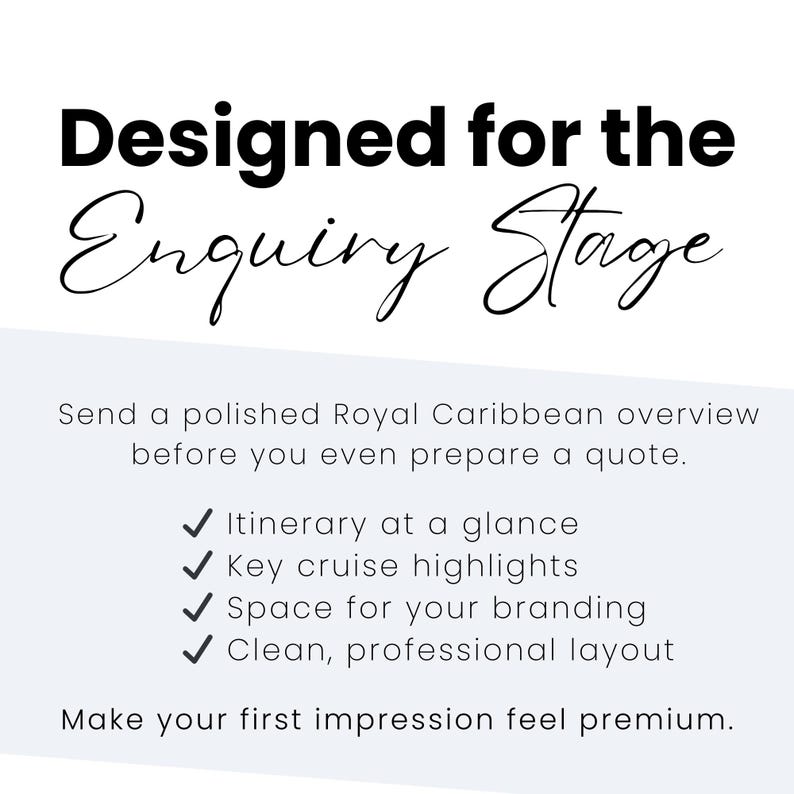 Royal Caribbean enquiry follow up cruise flyer template for travel agents featuring itinerary snapshot and cruise highlights in a professional one page layout.