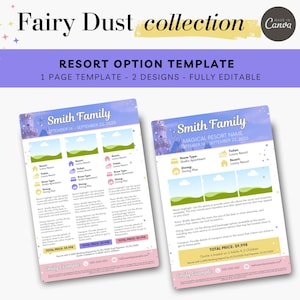 以下が含まれることがあります： 家族旅行のための印刷可能なリゾートオプションテンプレート。テンプレートは、城のイラストと「Smith Family」と「Magical Resort Name」というテキストで、ピンクとブルーのカラーテーマを採用しています。テンプレートには、部屋の種類、食事、交通手段のオプションが含まれています。