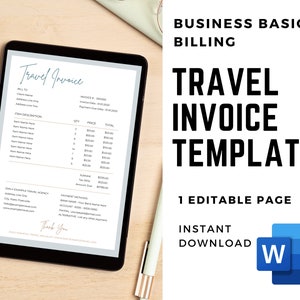 Può includere: Un tablet digitale che mostra un modello di fattura di viaggio in formato documento Word. Il modello include un titolo, un numero di fattura, una data di fattura, una data di scadenza del pagamento, una descrizione dell'articolo, una quantità, un prezzo, un totale, un totale parziale, un'imposta, un importo dovuto, metodi di pagamento e un messaggio di ringraziamento.