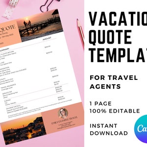 Può includere: Un modello di preventivo di viaggio con l'intestazione "TRAVEL QUOTE". Il modello include sezioni per le date del viaggio, il riepilogo e i dettagli di pagamento. Il lato destro del modello ha il testo "VACATION QUOTE TEMPLATE".