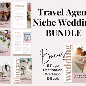 Op de afbeelding: Een digitale productbundel voor reisagenten die gespecialiseerd zijn in bestemmingsbruiloften. De bundel bevat printbare gidsen en checklists voor planning, prijzen, feedback en routes. Het bevat ook een 11-pagina's tellend e-book over bestemmingsbruiloften.