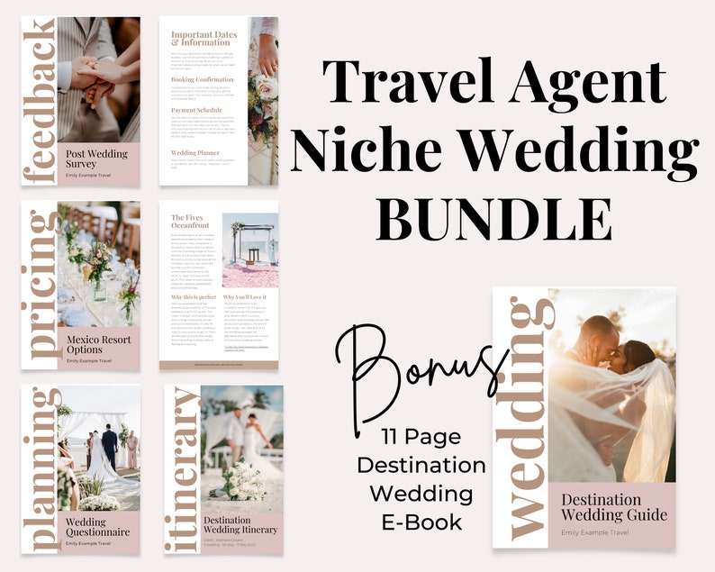 Op de afbeelding: Een digitale productbundel voor reisagenten die gespecialiseerd zijn in bestemmingsbruiloften. De bundel bevat printbare gidsen en checklists voor planning, prijzen, feedback en routes. Het bevat ook een 11-pagina's tellend e-book over bestemmingsbruiloften.