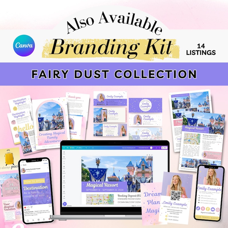 Pu&ograve; includere: Un kit di branding digitale per una vacanza magica in un resort. Il kit include una variet&agrave; di modelli, come un biglietto di ringraziamento, un foglio con i punti salienti della destinazione, un pacchetto di benvenuto, una mappa del resort e un piano dei sogni. Il kit &egrave; progettato in uno schema di colori rosa e viola con un tema di polvere di fata fantasioso. Il testo sull'immagine dice "Fairy Dust Collection" e "Magical Resort".