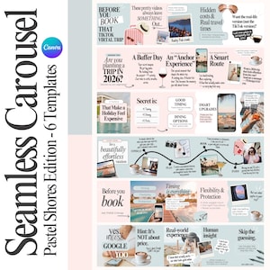 May include: A Canva template design labelled "Seamless Carousel, Pastel Shores Edition - 6 Templates." The design incorporates travel-related graphics, text, and images, including phrases such as "Virtual Trip" and "Smart Route." The colour scheme is soft, with pastel shades.
