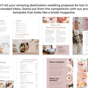 Op de afbeelding: Een huwelijksaanzoektemplate met een roze en witte kleurstelling. De template bevat secties voor resortinformatie, prijzen, wat inbegrepen is en waarom je van het resort zult houden. De template is ontworpen om eruit te zien als een bruidsmagazine.