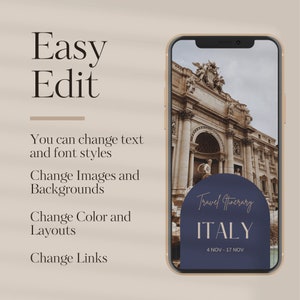 Peut inclure: Une maquette de smartphone avec un itin&eacute;raire de voyage pour l'Italie. L'image montre une photo d'un b&acirc;timent avec un recouvrement graphique bleu et blanc qui dit "Travel Itinerary ITALY 4 NOV - 17 NOV".