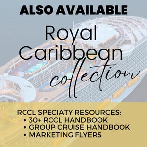 Royal Caribbean travel agent marketing collection including handbook, group booking template and cruise flyer Canva designs.