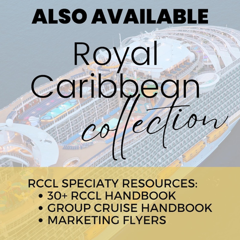 Royal Caribbean travel agent marketing collection including handbook, group booking template and cruise flyer Canva designs.