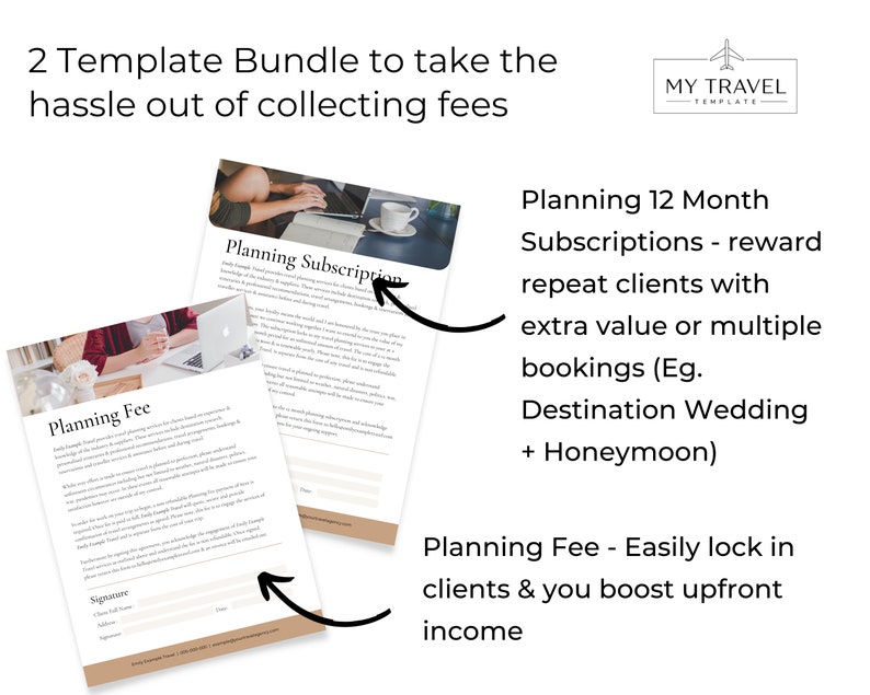 May include: Two printable templates for travel planners to collect fees from clients. The first template is for a planning fee and the second is for a 12-month subscription. The text "My Travel Template" is in the top right corner of the image.