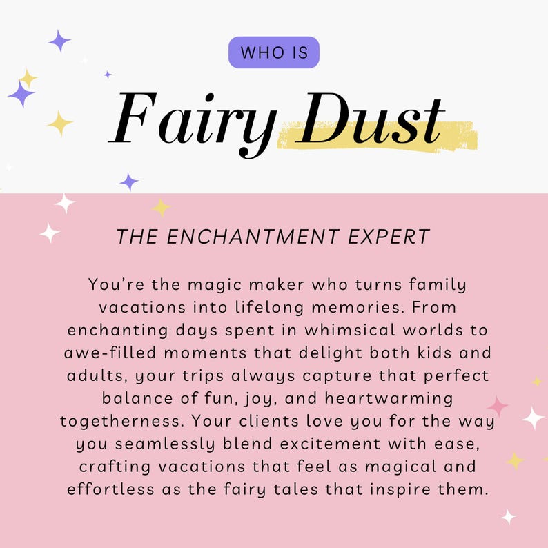 Pu&ograve; includere: Grafica rosa e gialla con il testo "WHO IS Fairy Dust THE ENCHANTMENT EXPERT" e una descrizione di un organizzatore di viaggi che crea vacanze familiari magiche.