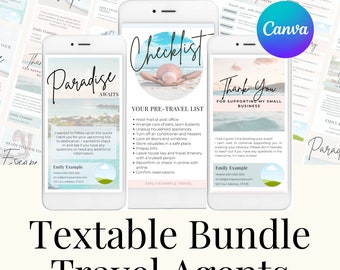 May include: A text-based bundle for travel agents. The bundle includes three printable checklists: "Ready to Book Your Escape", "Paradise Awaits", and "Thank You for Supporting My Small Business". Each checklist features a tropical beach scene and includes a pre-travel checklist, contact information, and a thank you message.
