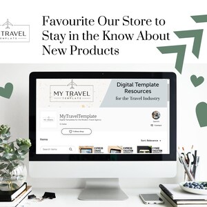 May include: A computer screen displaying a website for digital travel templates. The website features a logo with a plane icon and the text "My Travel Template". The website also includes a search bar, a list of items, and a section titled "Digital Template Resources for the Travel Industry".