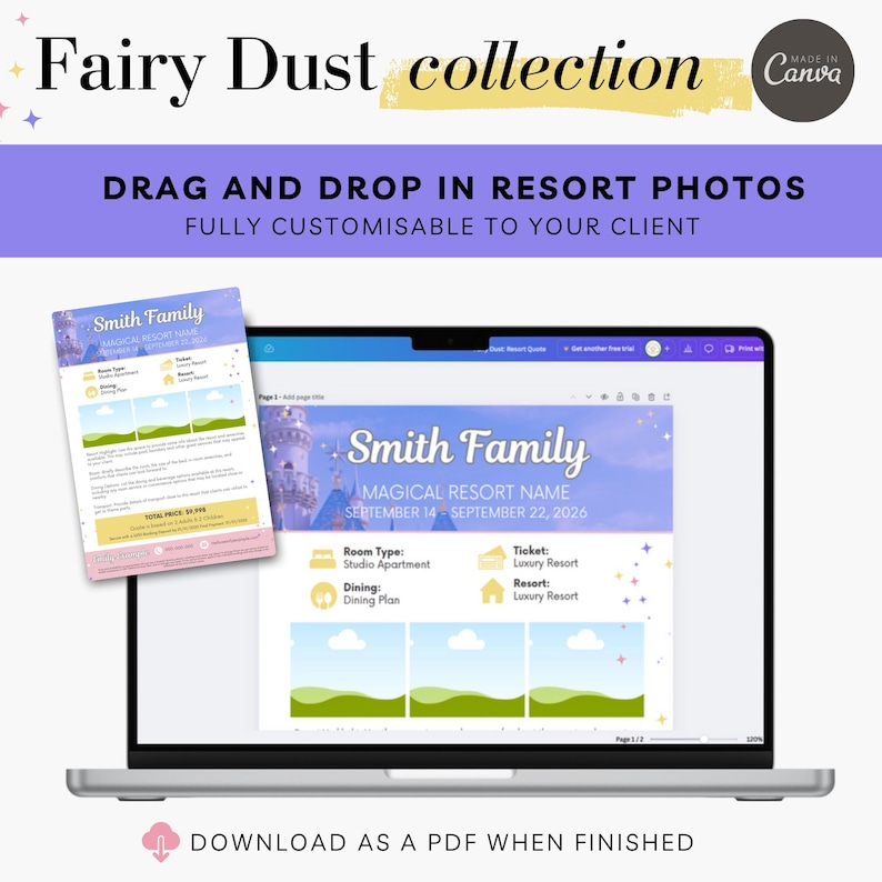 Pu&ograve; includere: Uno schermo di laptop che mostra un modello di itinerario di vacanza in un resort personalizzabile con uno sfondo blu chiaro e un'illustrazione di un castello. Il modello &egrave; intitolato "Smith Family" e include sezioni per il tipo di camera, la ristorazione e i biglietti. Il testo "DRAG AND DROP IN RESORT PHOTOS" &egrave; visualizzato sopra il laptop.