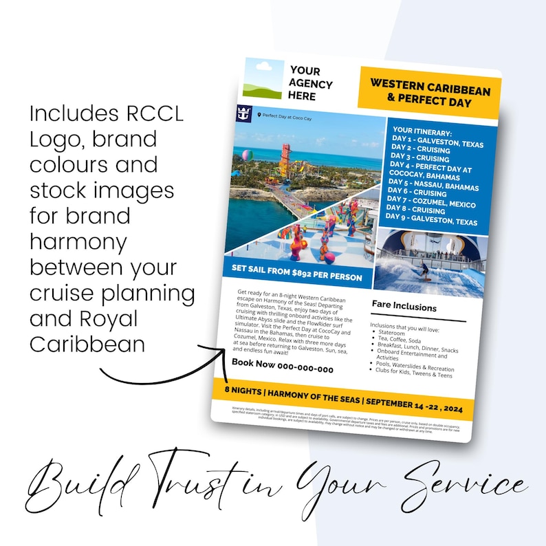 Royal Caribbean specialist marketing flyer template helping travel agents build trust and increase cruise bookings.